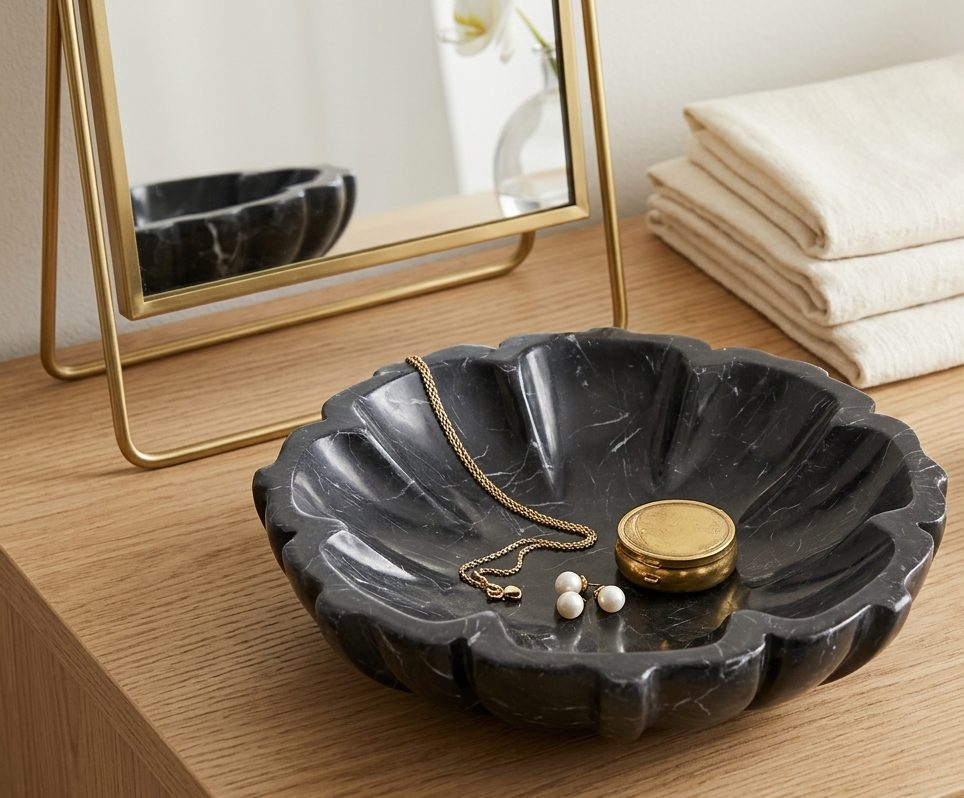 Handcrafted Black Marble Flower Bowl
