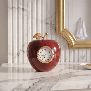 Red Marble Apple Clock – Handcrafted Gift, Vintage Table Decor, Home Accent, Luxury Office Decor