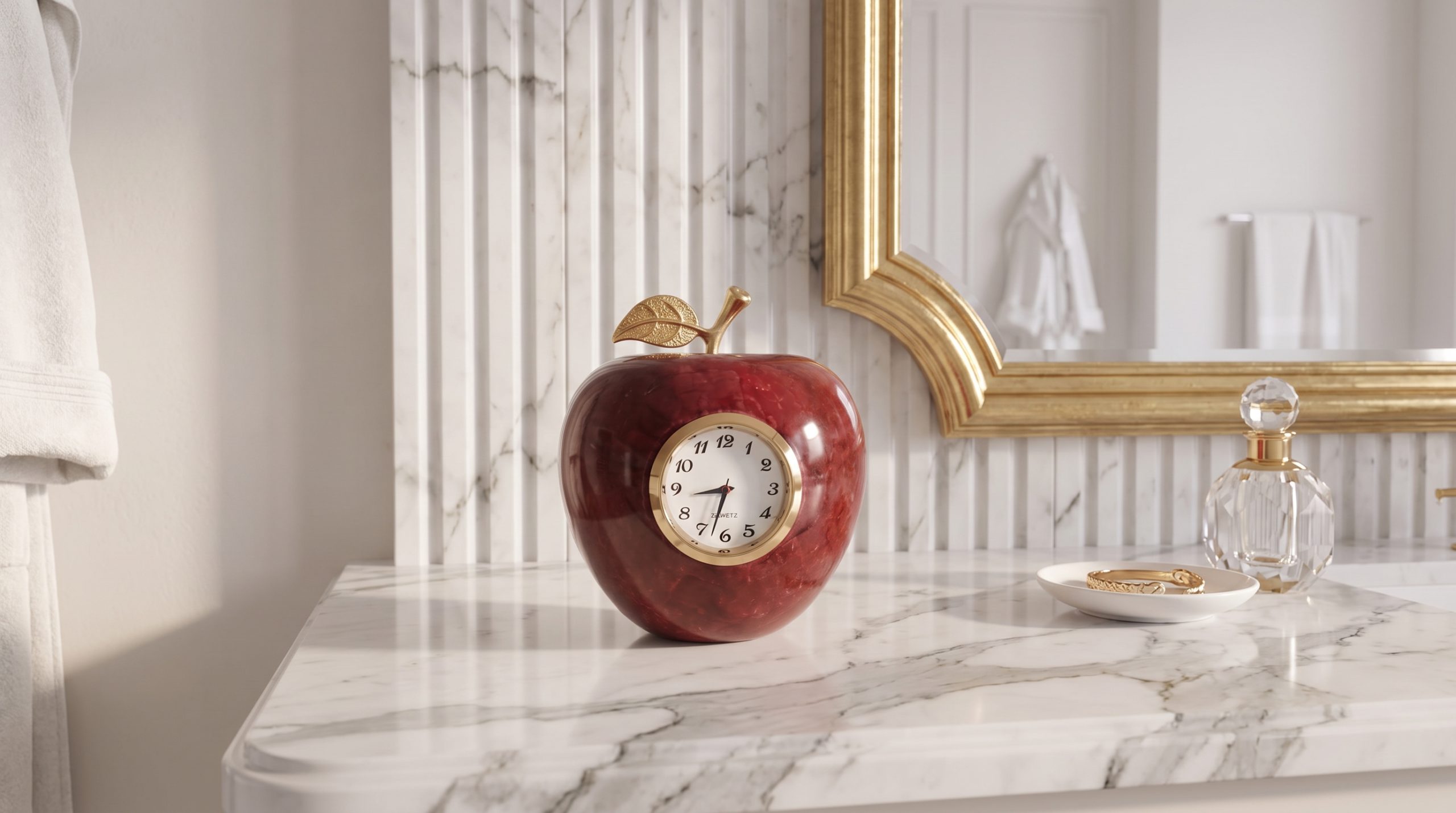 Red Marble Apple Clock – Handcrafted Gift, Vintage Table Decor, Home Accent, Luxury Office Decor