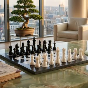 Black and White Marble Chess Set, Luxury Stone Game Board Handcrafted (31cm)