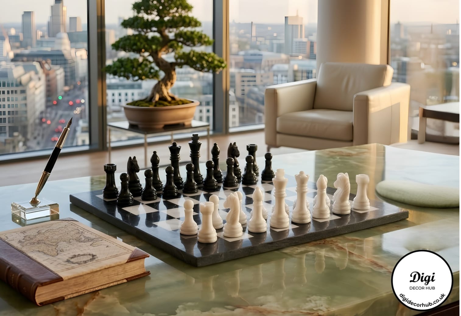Black and White Marble Chess Set, Luxury Stone Game Board Handcrafted (31cm)