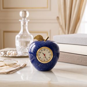 Blue Apple Desk Clock, Lapis Lazuli Style Stone, Unique Gift, Luxury Office & Home Decor, Gold Leaf Small Mantel Accent