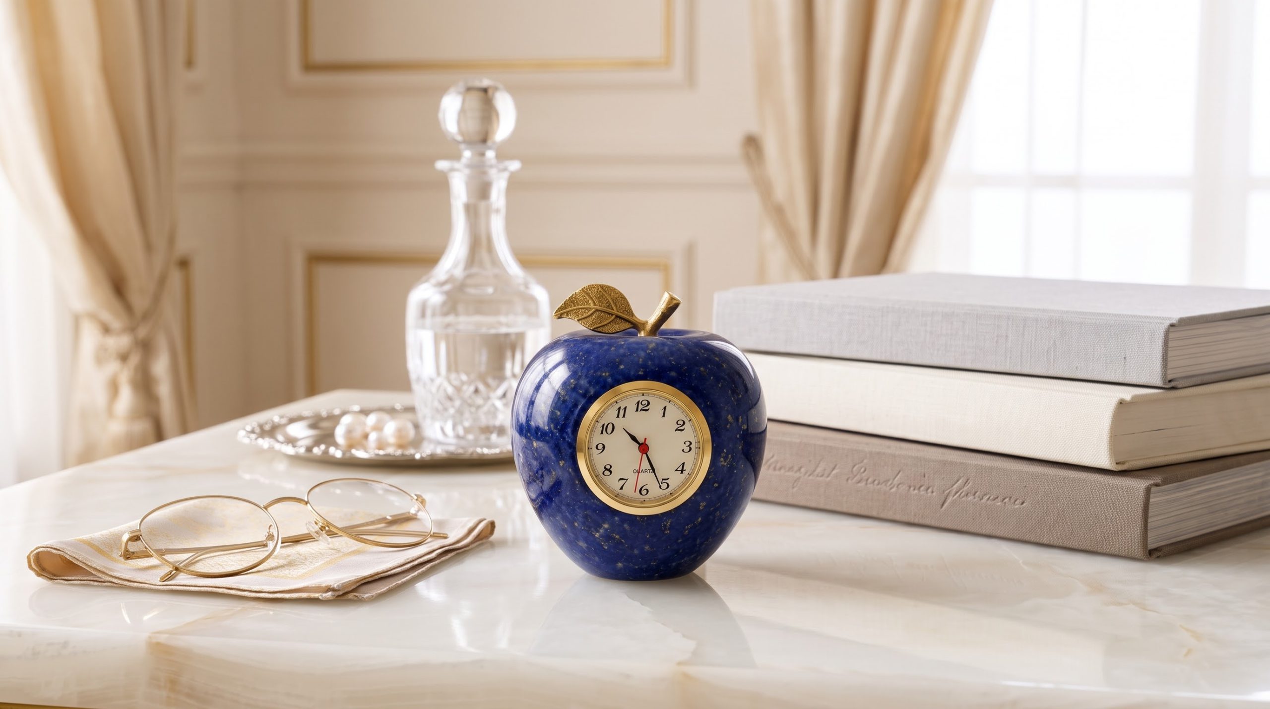 Blue Apple Desk Clock, Lapis Lazuli Style Stone, Unique Gift, Luxury Office & Home Decor, Gold Leaf Small Mantel Accent