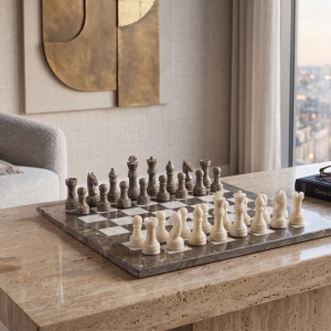 Oceanic Brown and White Marble Chess Set Luxury Stone Tabletop Home Decor Handcrafted Gift