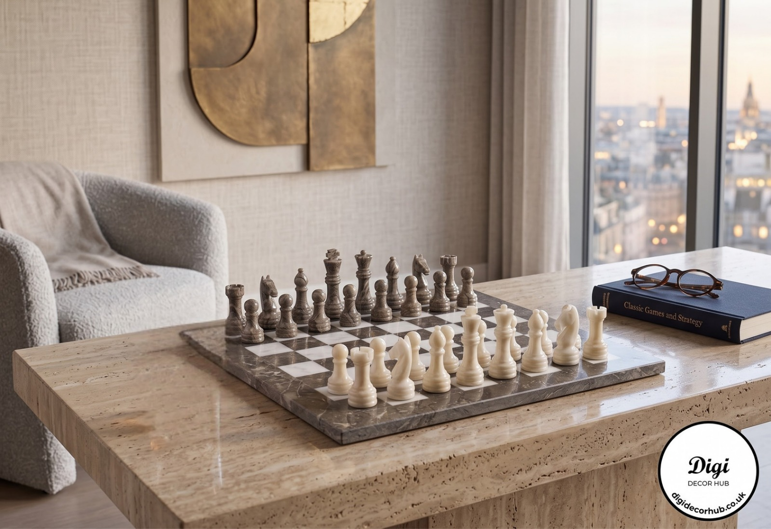 Oceanic Brown and White Marble Chess Set Luxury Stone Tabletop Home Decor Handcrafted Gift