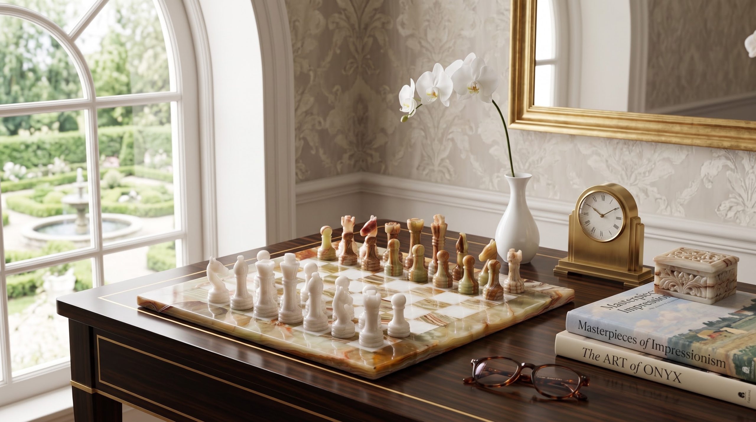 Green Onyx and White Marble Chess Set, Luxury Natural Marble Chessboard, Unique Decor Gift for Him